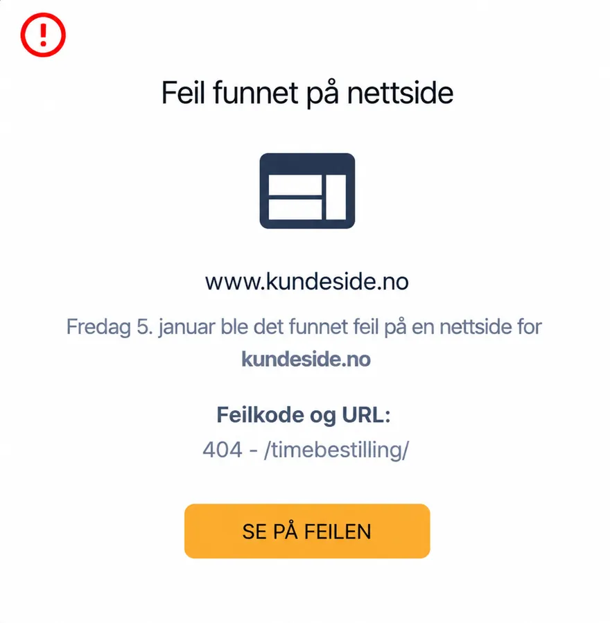 Varselkort: feil funnet på nettside (404) for kundeside.no