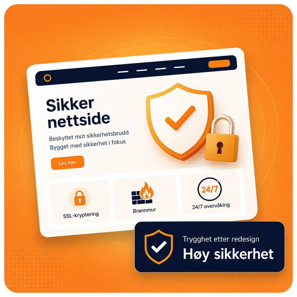 Illustrasjon av en sikker nettside med SSL, brannmur og 24/7 overvåkning
