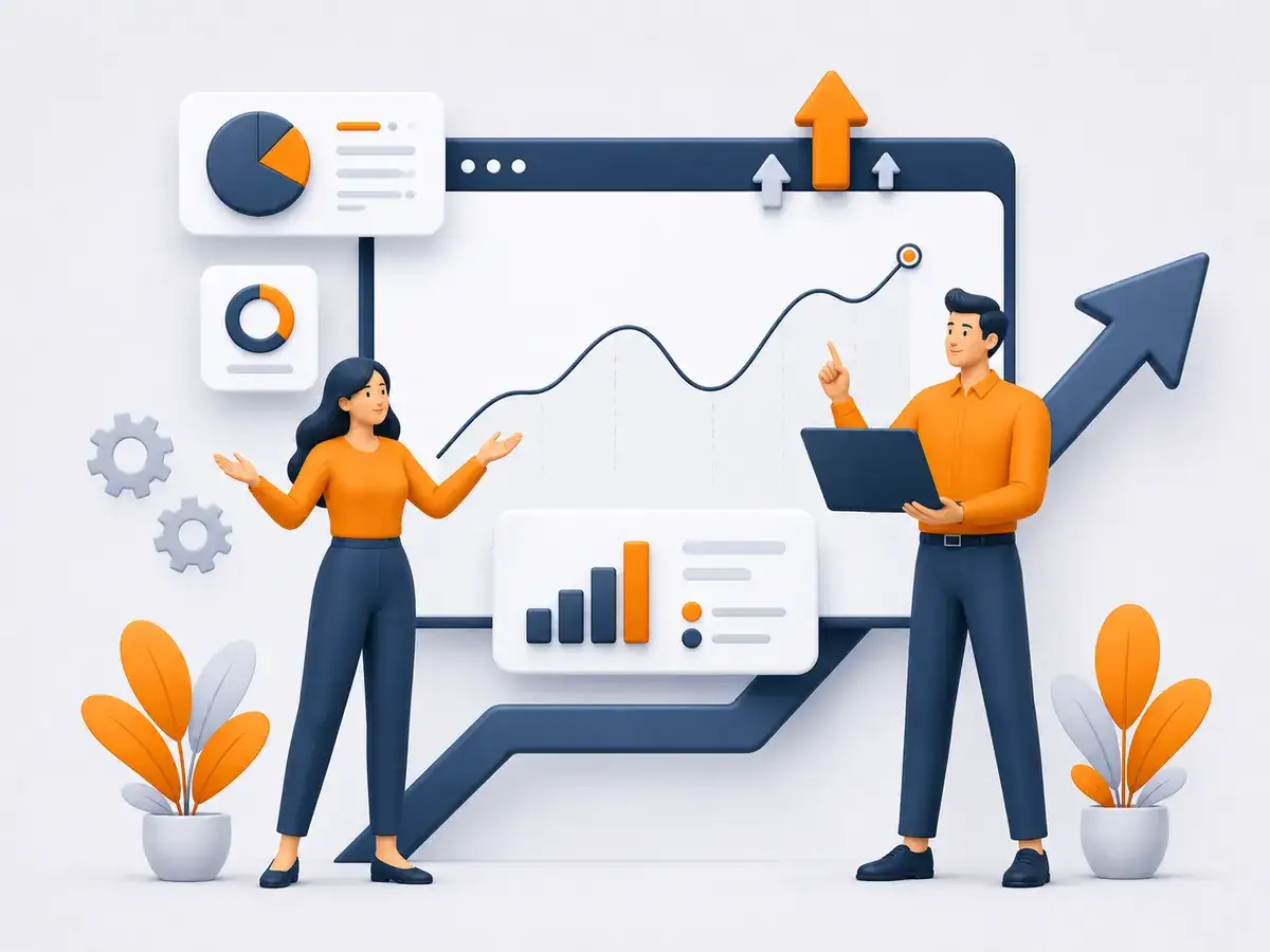 Illustrasjon av digital strategi med vekstgraf og analyse