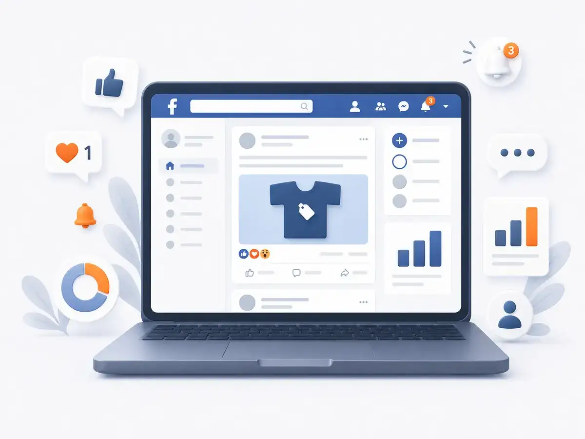 Illustrasjon av en Facebook-annonse i nyhetsstrømmen på en laptop