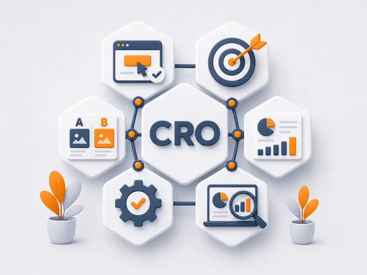 Illustrasjon av konverteringsoptimalisering (CRO) med A/B-testing, mål og analyse