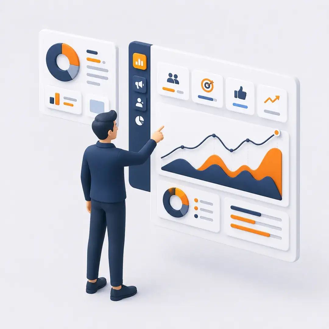Illustrasjon av en person som analyserer markedsføringsdata på dashbord