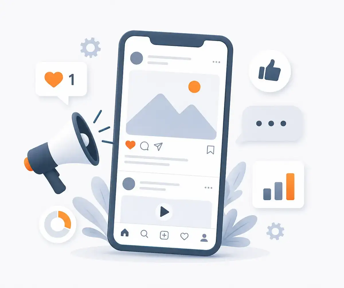 Illustrasjon av sosiale medier-annonsering med mobil, feed, likes og megafon