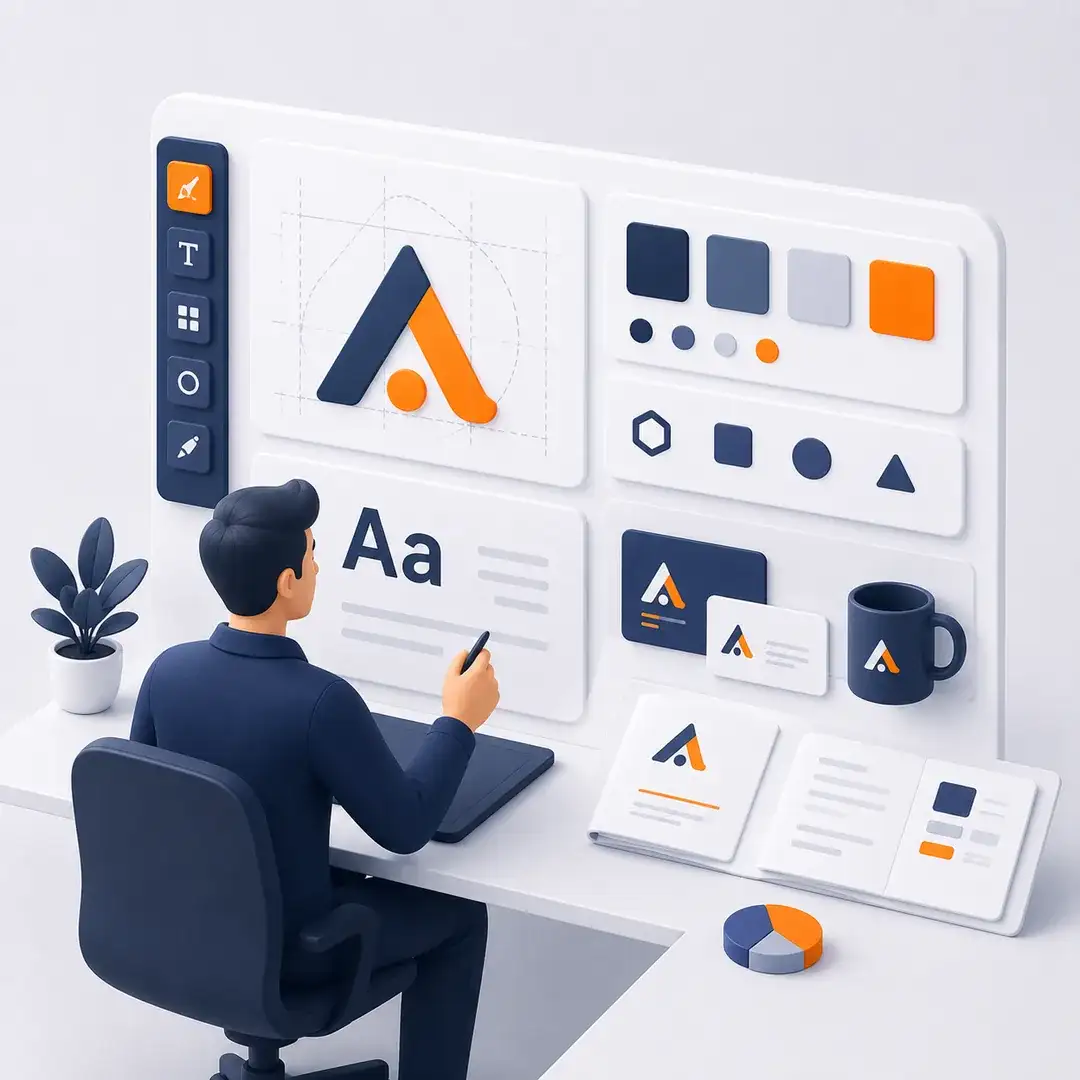 Illustrasjon av visuell identitet: designer med logo, typografi og fargepalett