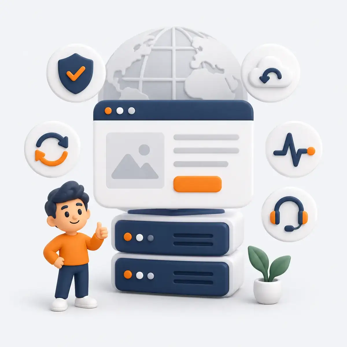 Illustrasjon av drift, sikkerhet, backup, oppdateringer og support for nettsiden