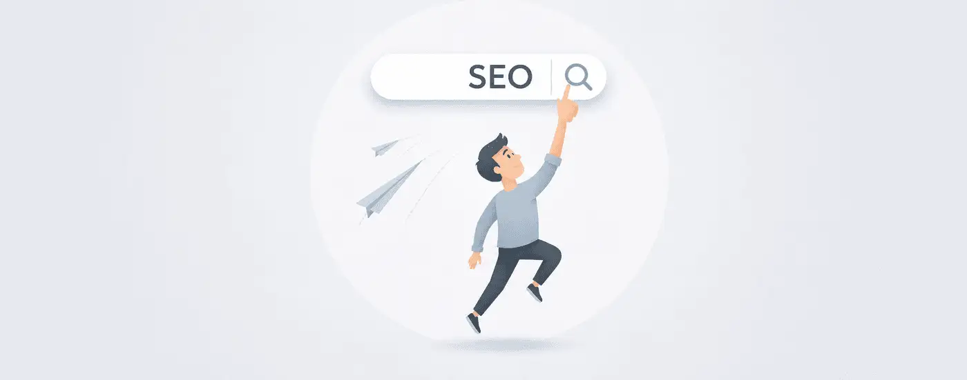 Illustrasjon av figur som trykker på et søkefelt som sier "SEO".